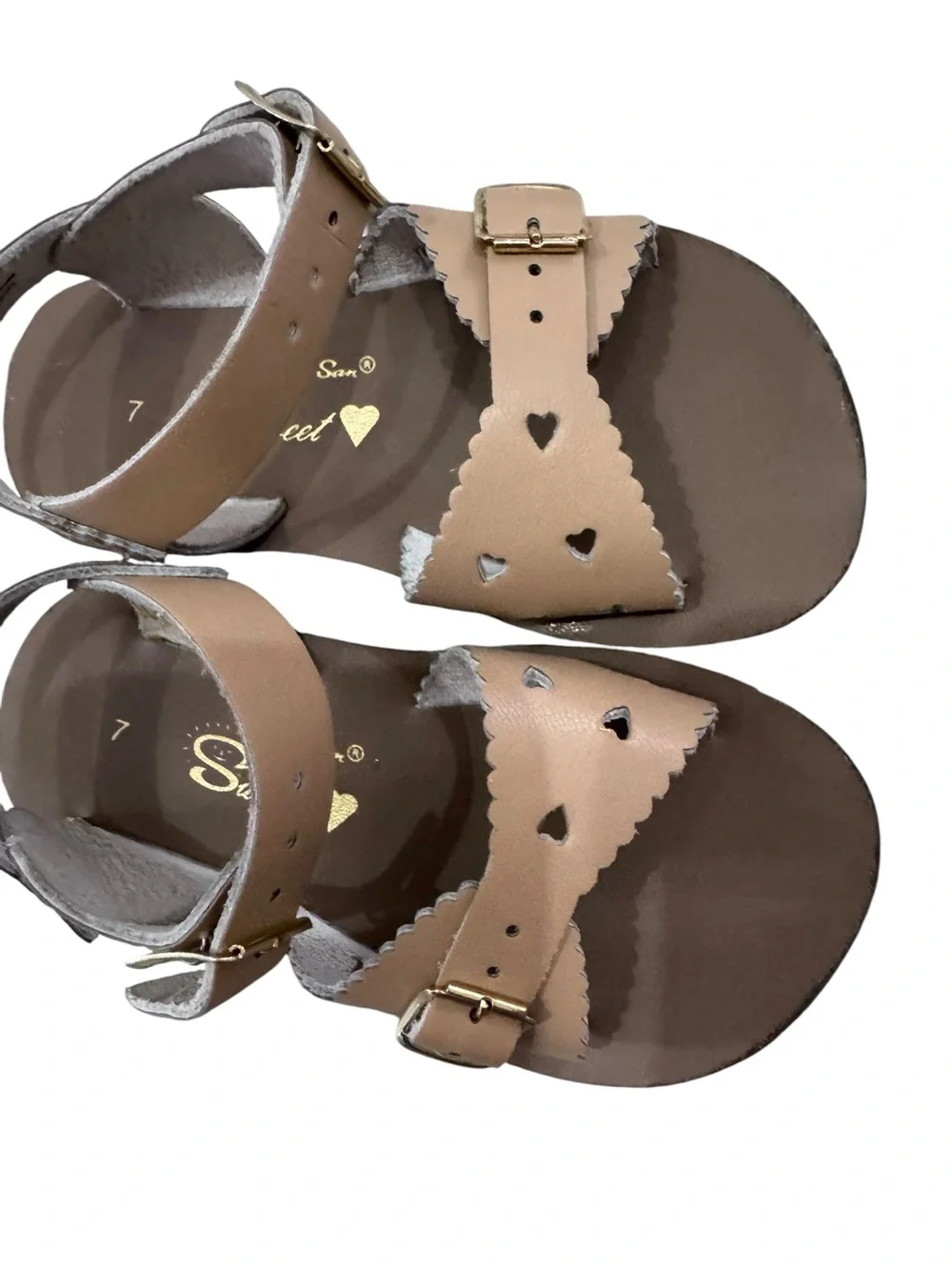 Girls Tan Buckle Sandals with Scalloped Trim